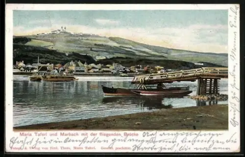 AK Maria-Taferl, Marbach mit der fliegenden Brücke, Boote und Fähre auf Donau