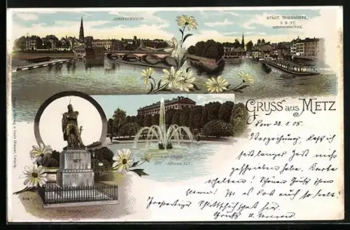 Lithographie Metz, Ney Denkmal, Jungfernwehr, Espalande mit Justizpalast, Städtische Triebwerke
