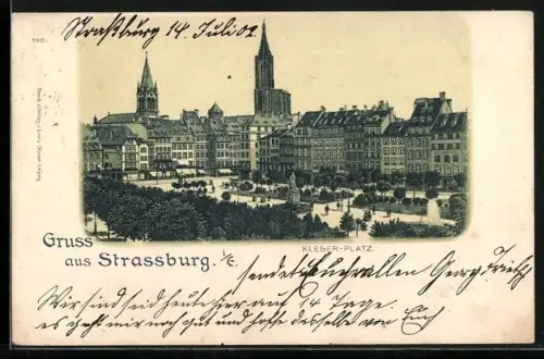 Lithographie Strassburg, Kleber-Platz mit Kirche