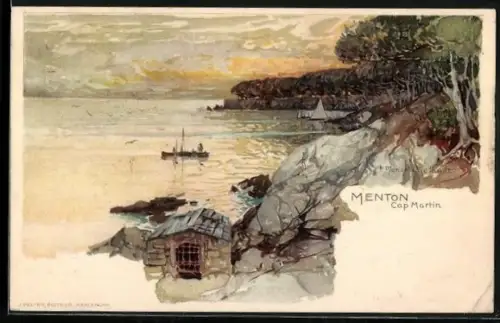 Künstler-Lithographie Manuel Wielandt: Menton, Cap Martin, Segelboote