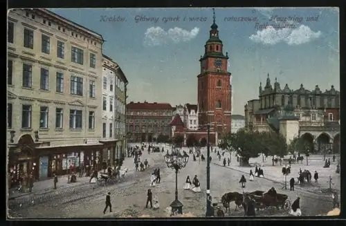 AK Krakau-Krakow, Gtowny rynek i wieza ratuszowa, Hauptring und Rathausturm