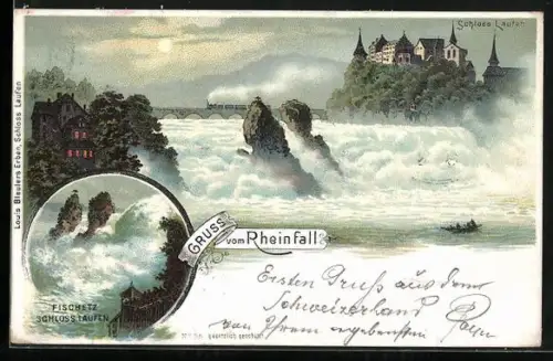 Lithographie Laufen, Schloss Laufen, Fischnetz Schloss Laufen, Rheinfall