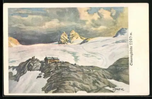 Künstler-AK Simonyhütte, Berghütte mit Umgebung
