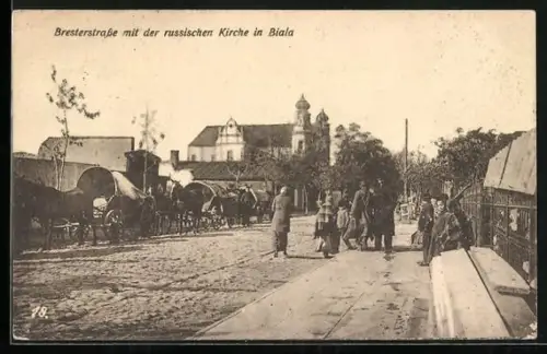 AK Biala, Bresterstrasse mit der russischen Kirche, Planwagen