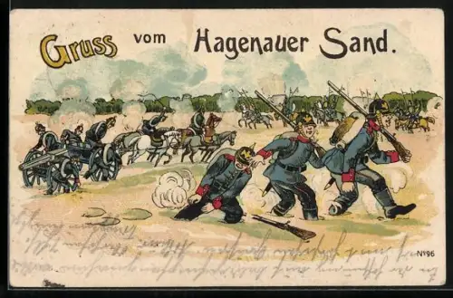 Lithographie Hagenau, Gruss vom Hagenauer Sand, Soldaten in Uniform im Hagenauer Sand während des Kaisermanövers