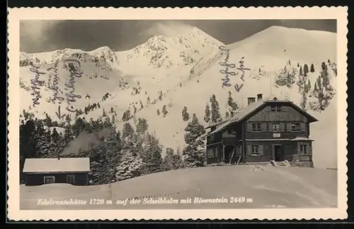 AK Edelraute-Berghütte auf der verschneiten Scheiblalm mit Bösenstein