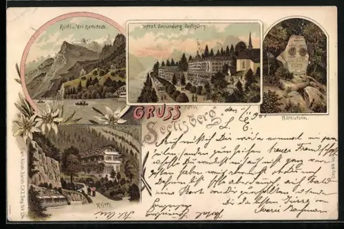 Lithographie Seelisberg, Hotel Sonnenberg, Rüttlistein, Rütli v. Uri Rothstock