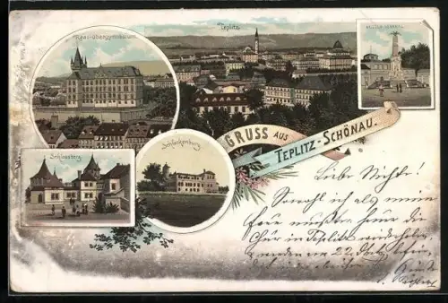 Lithographie Teplitz Schönau, Schlackenburg, Real-Obergymnasium und Krieger Denkmal