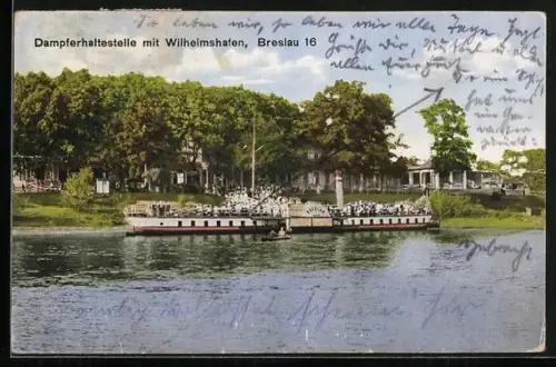AK Breslau, Dampferhaltestelle mit Wilhelmshafen, Dampfer