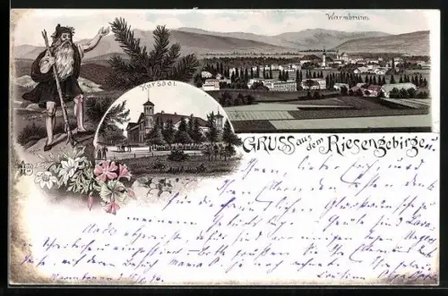 Lithographie Warmbrunn im Riesengebirge, Ortsansicht mit Kursaal, Wilder Mann