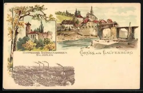 Lithographie Laufenburg, Hoffmann`s Stärkefabriken, Burg, Partie an der alten Brücke