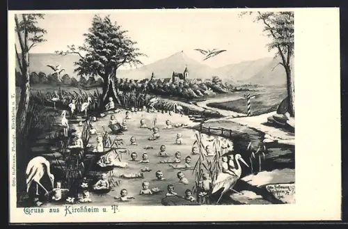 AK Kirchheim / unter Teck, Kleinkinder im See mit Störchen