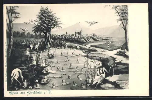 AK Kirchheim / unter Teck, Kleinkinder im See mit Störchen