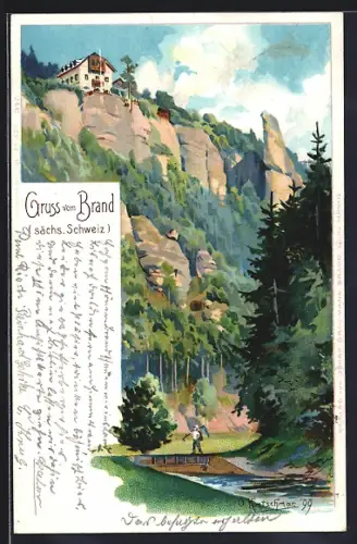 Lithographie Hohnstein / Sächs. Schweiz, Gasthaus auf dem Brand