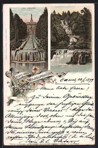 Lithographie Wilhelmshöhe, Die Kaskaden und der neue Wasserfall