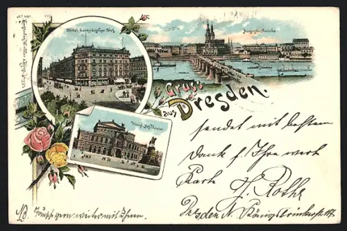 Lithographie Dresden, Die Augustusbrücke, Das Hotel Europäischer Hof und das königl. Hof-Theater