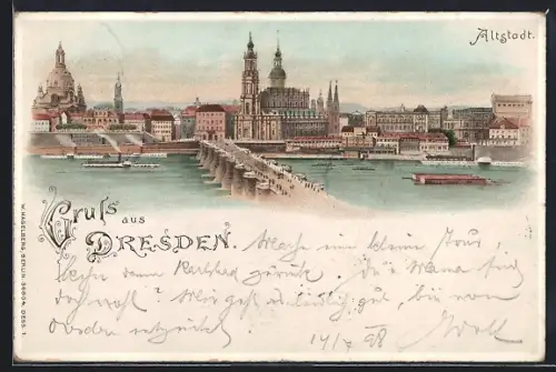 Lithographie Dresden, Altstadt mit Kirche