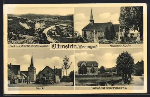 AK Ottenstein / Weser, Hattenser Kirche, Markt, Schule mit Kriegerdenkmal