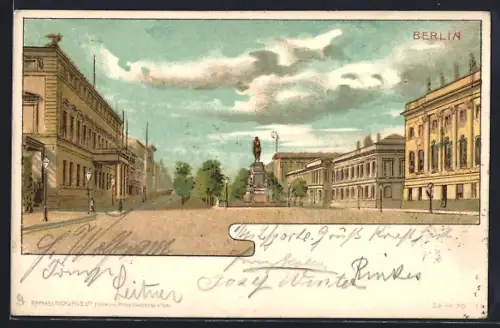 Lithographie Berlin, Alexanderplatz, Blick auf Unter den Linden