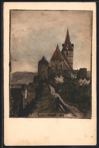 Künstler-AK Weissenkirchen, Blick auf Kirche