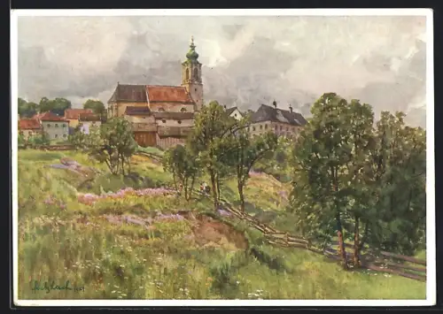 Künstler-AK Fritz Lach: Bad Hall, Pfarrkirche vom Hang herauf gesehen