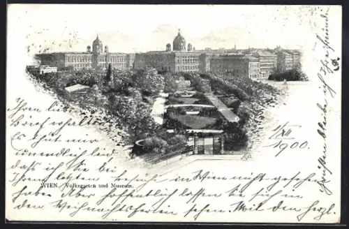 AK Wien, Volksgarten und Museum aus der Vogelschau