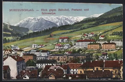 AK Mürzzuschlag, Blick gegen Bahnhof, Postamt und Schneealpe