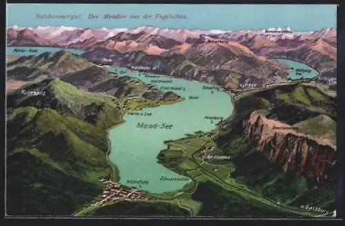 Künstler-AK St. Lorenz /Mondsee, Ortsansicht mit Hotel Schafberg, Plomberg und Bichl