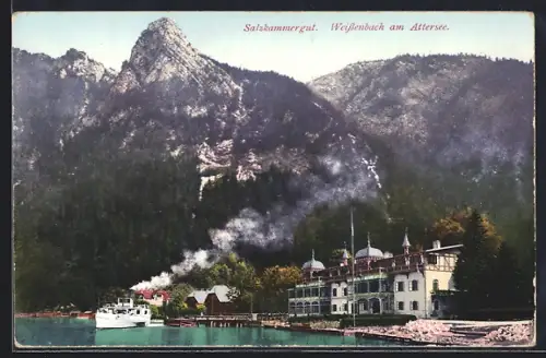 AK Weissenbach, Ortspartie am Attersee mit Dampfer