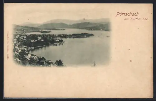 AK Pörtschach am Wörther See, Teilansicht mit Bergen