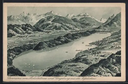 Künstler-AK Millstatt /Millstättersee, Panorama mit Seeboden, Heroldseck und Goldeck