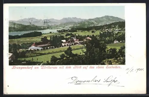 Passepartout-AK Krumpendorf a. Wörthersee, Ortspartie mit Blick auf das obere Seebecken und die Alpen