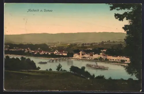 AK Aschach a. Donau, Uferpartie mit Dampfer