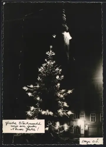 AK Steyr /O. Ö., Rathaus mit Weihnachtsbaum bei Nacht, Festtagsgruss