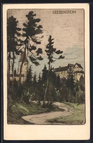 Künstler-AK Seebenstein, Blick zur Burg