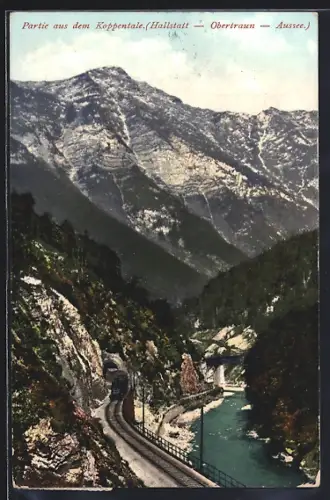 AK Hallstatt /Salzkammergut, Partie aus dem Koppentale mit Eisenbahn