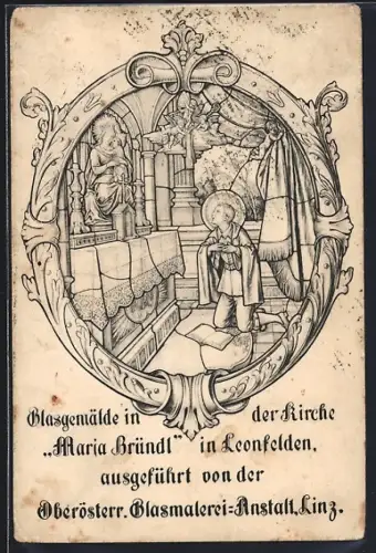 Künstler-AK Leonfelden, Glasgemälde in der Kirche Maria Bründl, Betender vor dem Altar