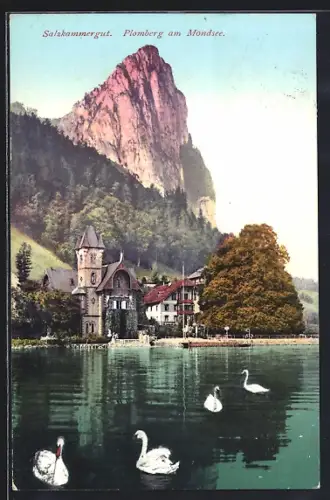 AK Plomberg am Mondsee, Blick vom See auf Gebäude