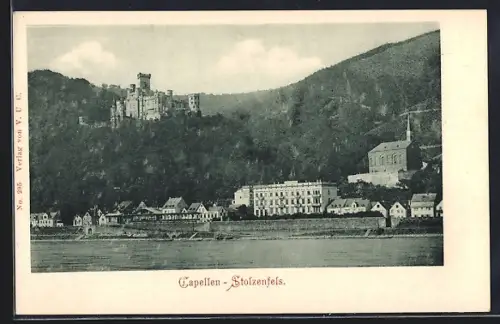 AK Capellen / Rhein, Ortspanorama mit Burg Stolzenfels vom Wasser aus