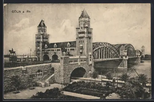 AK Köln a. Rh., Rheinbrücke mit Brückenkopf und Strassenbahn