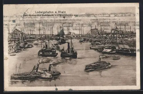 AK Ludwigshafen / Rhein, Bad. Anilin- & Sodafabrik v. d. Rheinbrücke aus