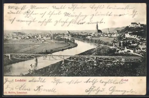 AK Landshut / Isar, Totalansicht mit Brücke