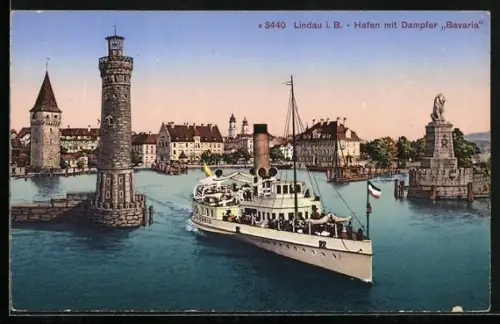 AK Lindau i. B., Hafen mit Bodensee-Dampfer Bavaria