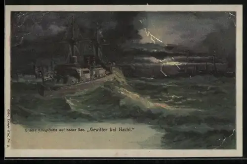 Lithographie Kriegsflotte auf hoher See bei nächtlichem Gewitter, Kriegsschiff