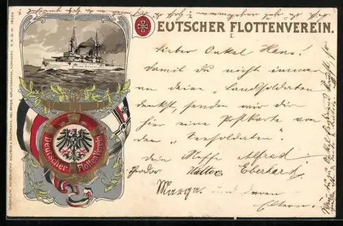 Lithographie Kriegsschiff auf hoher See, Deutscher Flottenverein