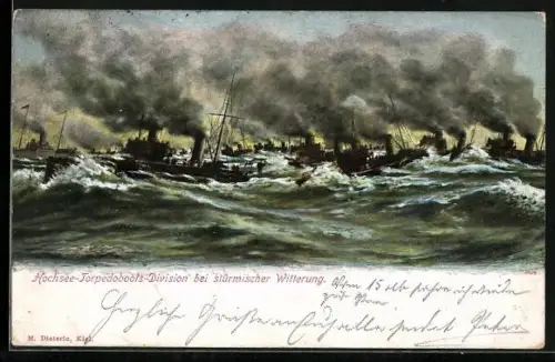 AK Kaiserliche Marine, Hochsee-Torpedoboots-Division bei stürmischer Witterung, Kriegsschiff