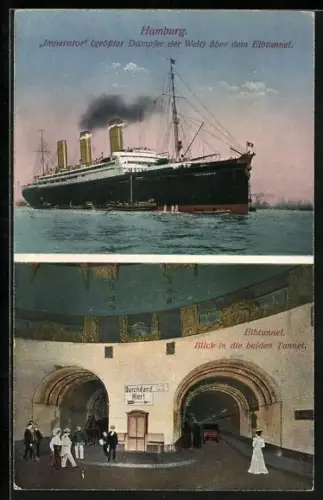 AK Hamburg-St. Pauli, Elbtunnel mit Passagierschiff Imperator