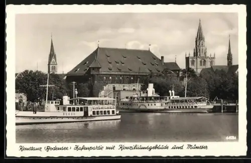 AK Konstanz, Dampfer MS Hegau und Stadt Meersburg im Hafen, Konziliumsgebäude und Münster, Bodensee