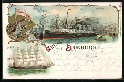 Lithographie Hamburg, Segelschiff Potosi im Hafen