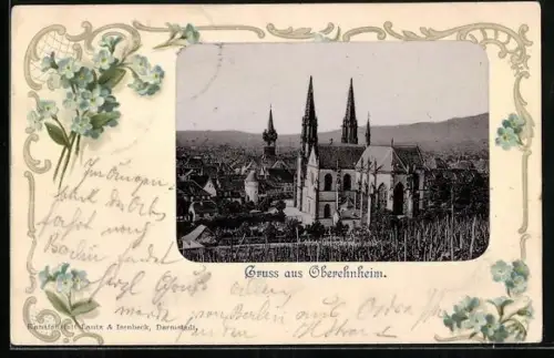 AK Oberehnheim, Ortsansicht mit Kirche, Im Blumen-Passepartout